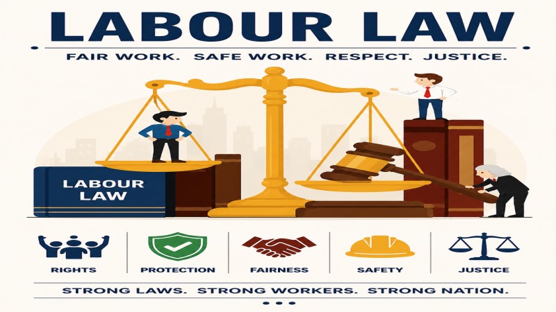Labour law compliance services poster with justice scales and workplace safety symbols.